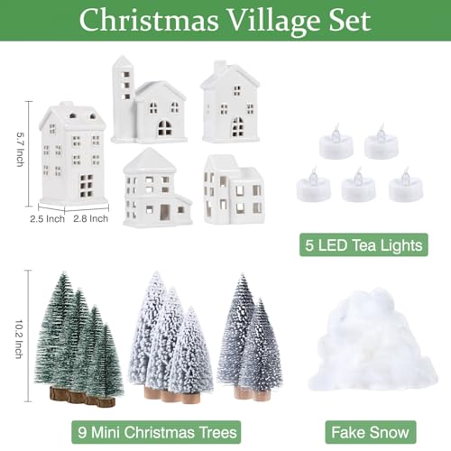 5 Pcs White Houses & 9 Pcs Trees & Fake Snow Ceramic Christmas Village Decorations H12273