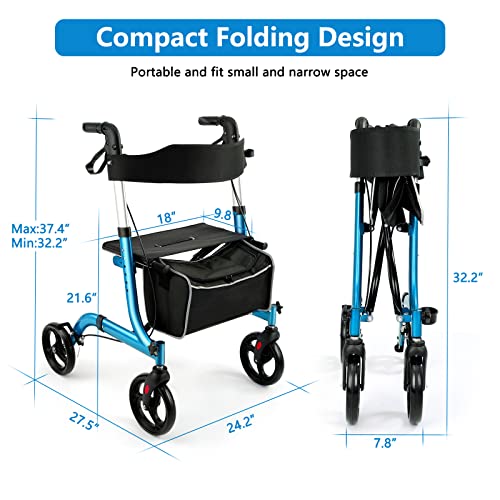 Champagne Lightweight Aluminium Folding Rollator Walker with Seat and 8-inch Wheels C2427