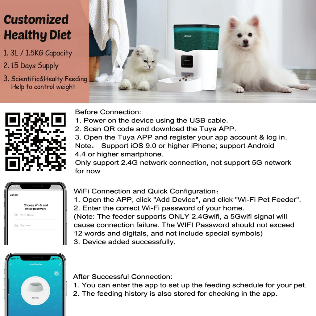 Automatic Cat Feeder, 3L, Wi-Fi Enabled, 1-10 Meals per Day, 10S Voice Recorder Q569