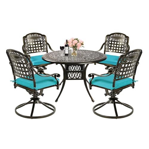 5-Piece Outdoor Cast Aluminum Patio Dining Set with 4 Cushions Swivel Rocker Chairs and Round Table S866688