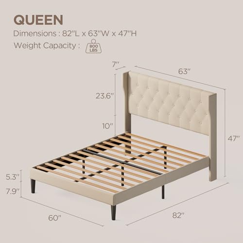 Beige Queen Size Upholstered Bed Frame with Headboard E45341