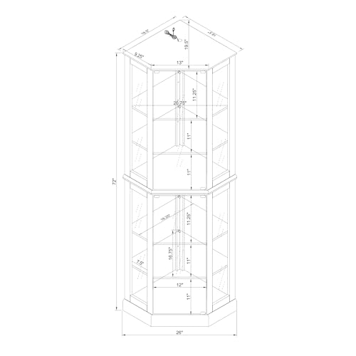 72" Tall Corner Display Cabinet Lighted Curio Cabinet, 6-Tier Wood Curio Showcase with Glass Doors and Adjustable Shelves (Cherry) E191725