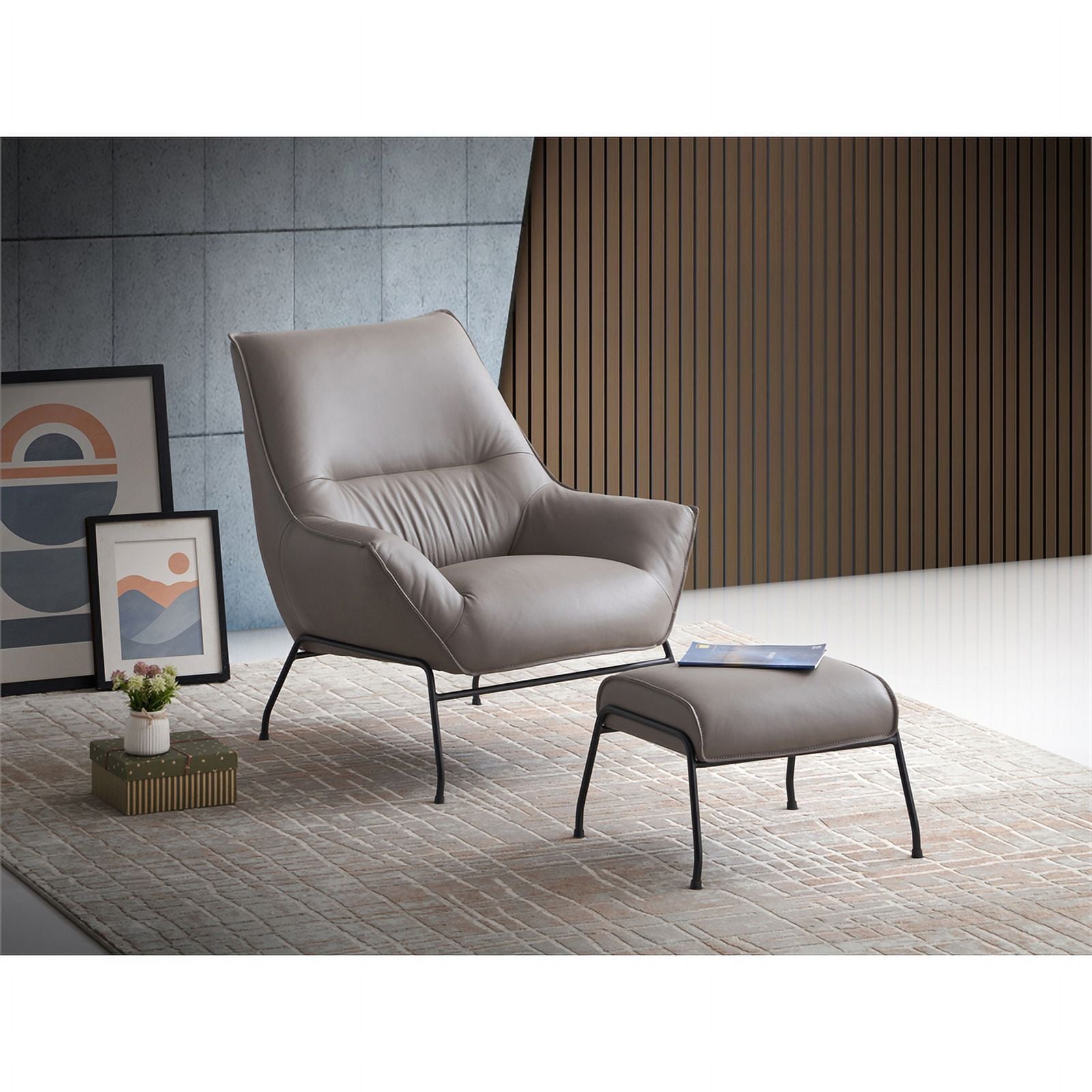 Khaki Upholstered Leather Accent Chair and Ottoman W796