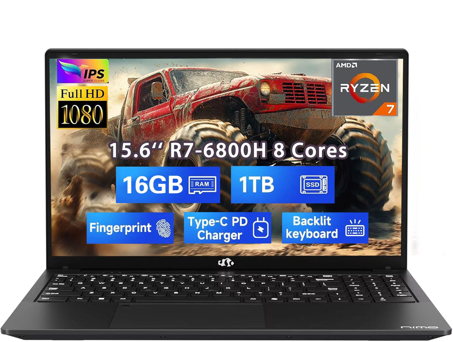 15.6" IPS FHD Gaming Laptop, 8 Cores AMD Ryzen 7 6800H 16GB DDR5 RAM 1TB SSD AMD Radeon 680M GPU Black L863760