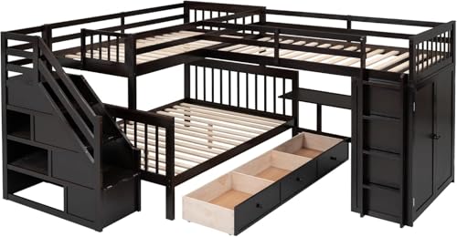Twin-Twin Over Full Triple Bunk Bed with Storage Stairs, Wardrobe and Desk, Solid Wood L-Shaped 3 Bunk Bed with Ladder, Shelves, Headboard, Guardrail (Grey) H7213