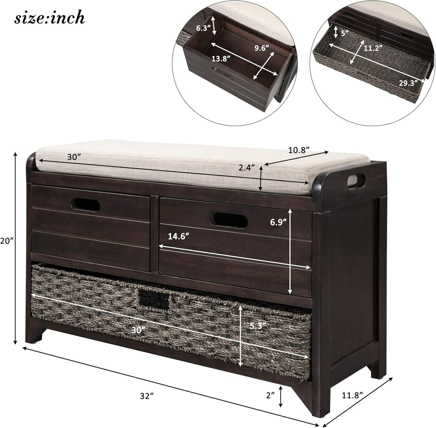 Wood Storage Bench with 1 Basket and 2 Drawers, Removable Cushion, Espresso E95442