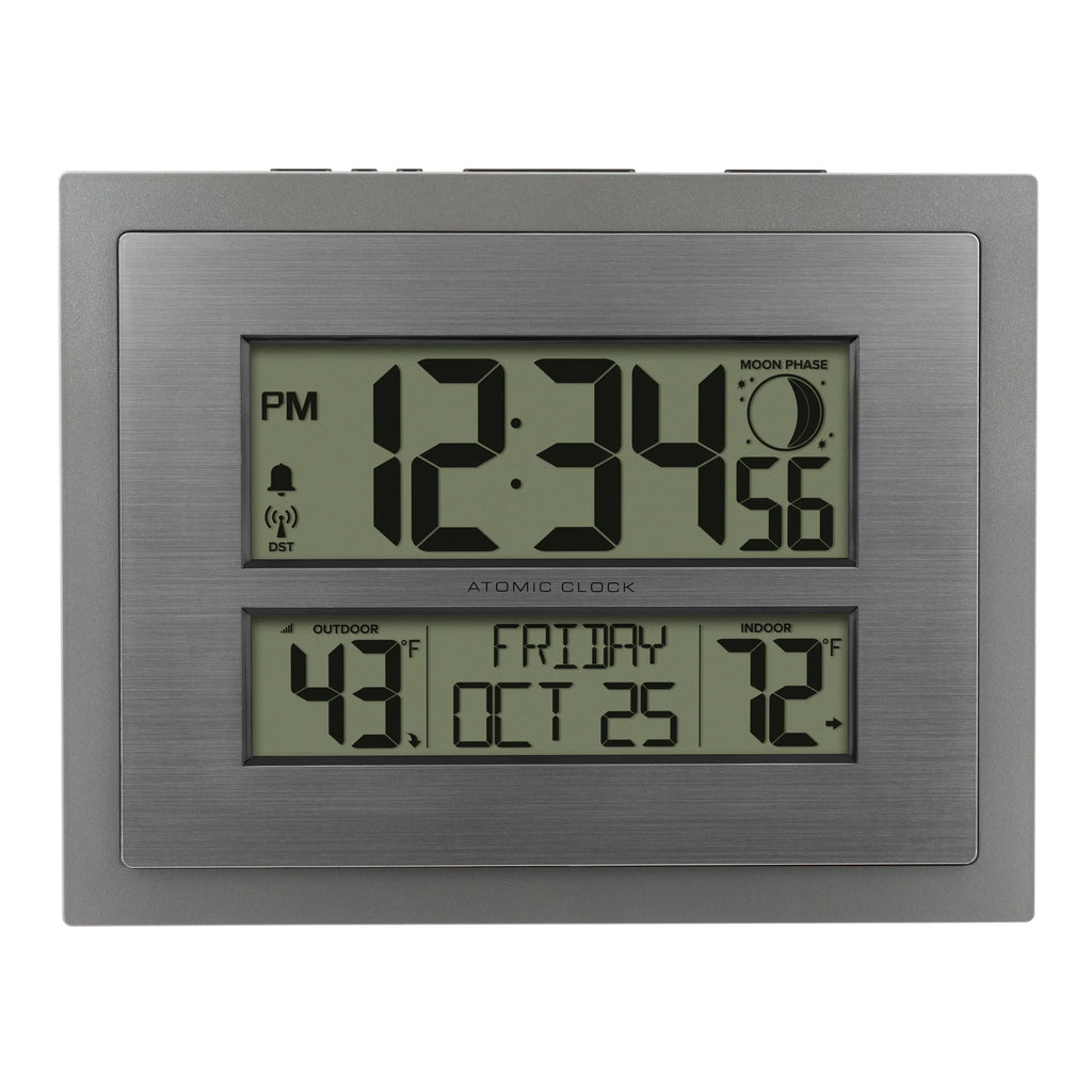 Silver Atomic Wall Clock with Moon Phase and Calendar H9959
