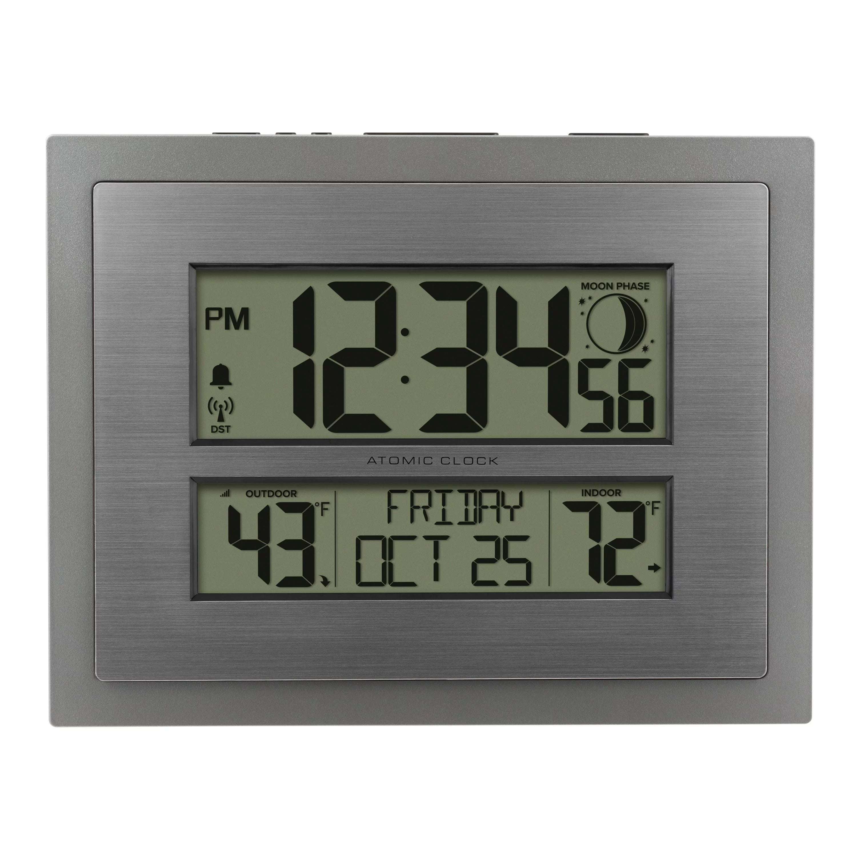 Silver Atomic Wall Clock with Moon Phase and Calendar H9959