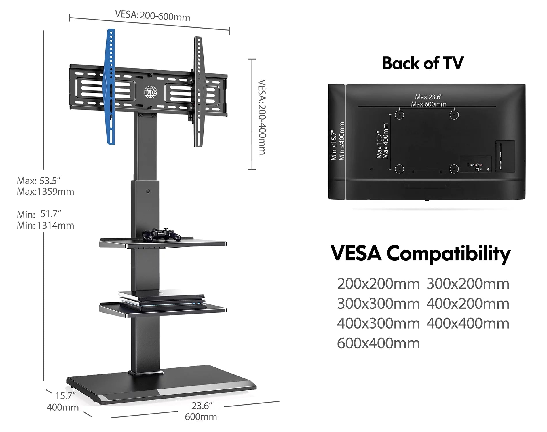 Black Floor TV Stand with Swivel Mount U7649
