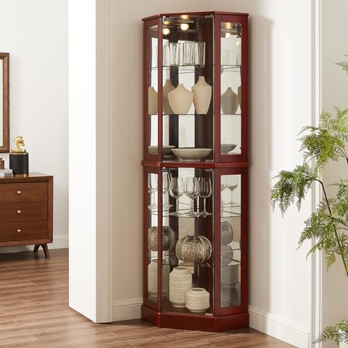 72" Tall Corner Display Cabinet Lighted Curio Cabinet, 6-Tier Wood Curio Showcase with Glass Doors and Adjustable Shelves (Cherry) E191725