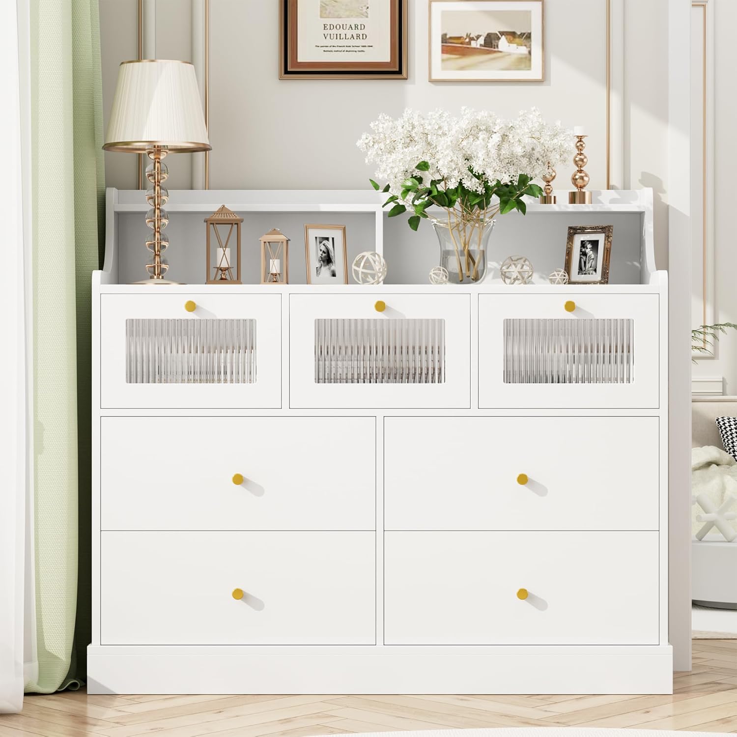 White 7 Drawer Wood Dresser with Shelves G969041