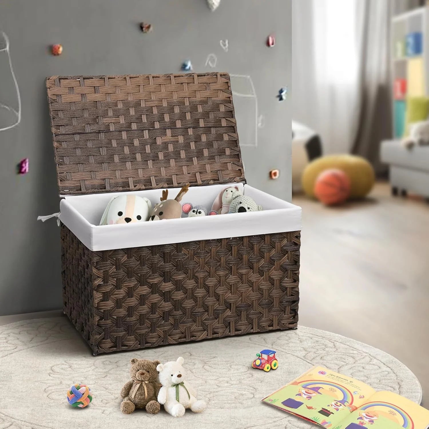 Brown Woven Storage Basket with Lid, 27.7 Gallon H144