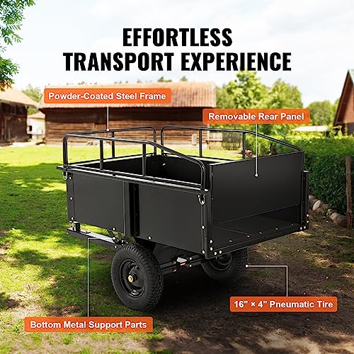 Heavy Duty Steel ATV Dump Cart, 750 lbs, 15 Cubic Feet Garden Utility with Removable Sides U9496