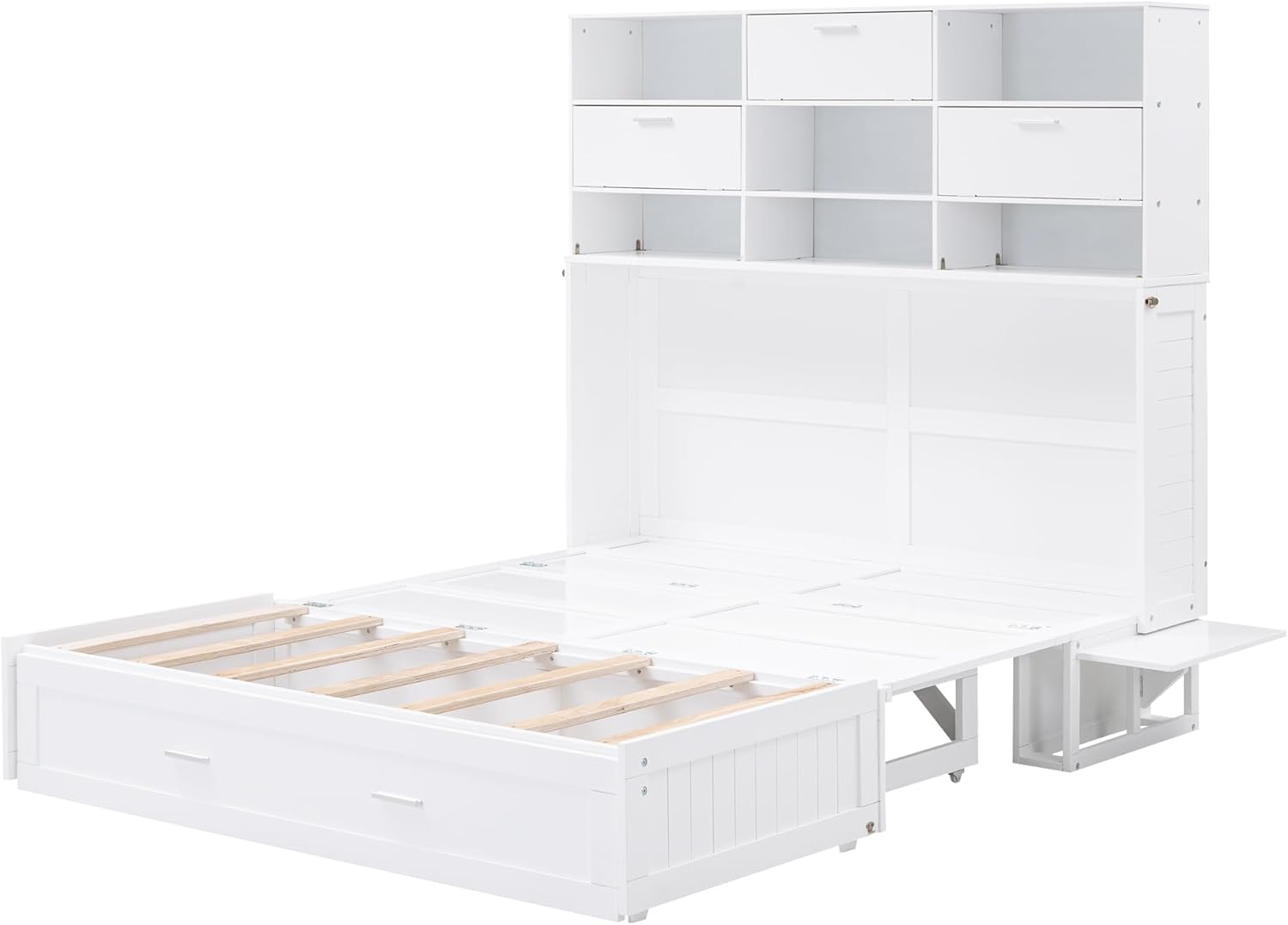 White Queen Murphy Bed Cabinet with Bookcase and Drawer G830