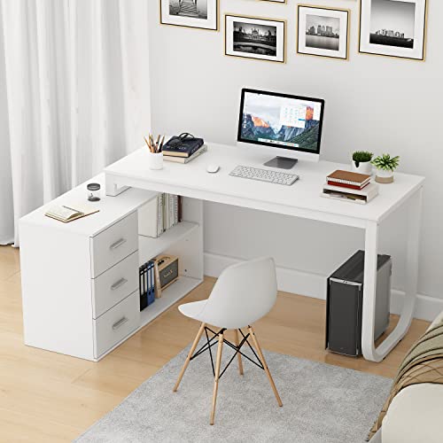 White L-Shaped Desk with Drawers and Shelves E680643