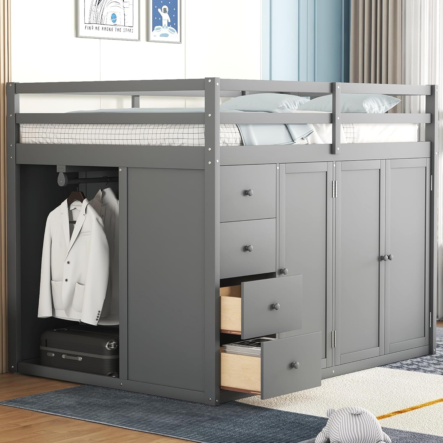 Gray Wooden Loft Bed with Storage Space G307