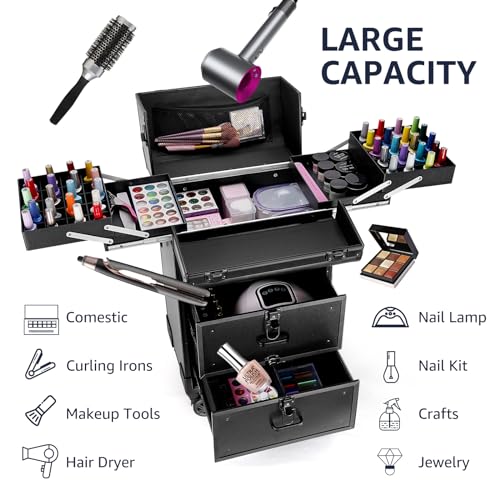 Black Rolling Makeup Train Case with Swivel Wheels U398531