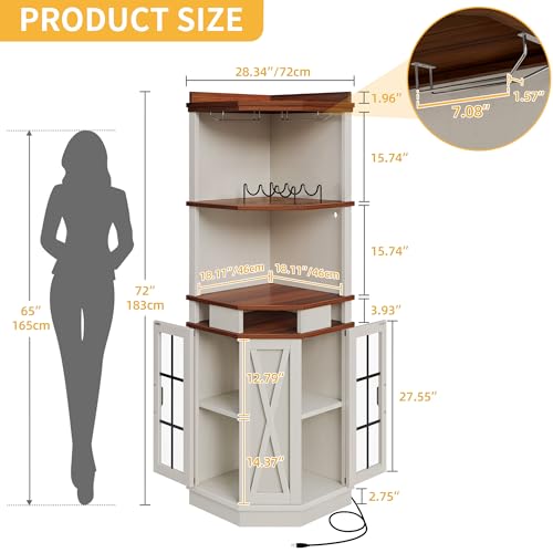 72" Tall White Corner Bar Cabinet with Glass Door B7432