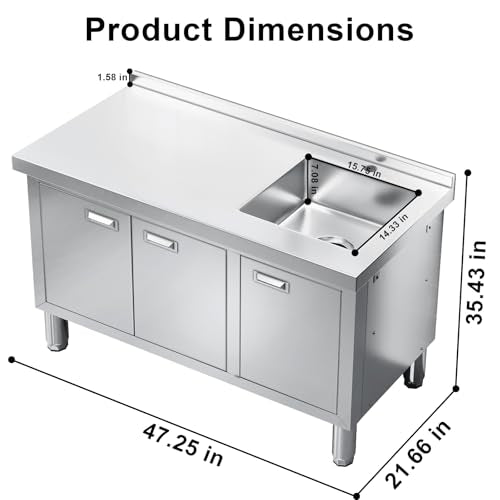 Freestanding Stainless Steel Utility Sink with Cabinet, 21.66 x 63 x 35.43 inches Z990