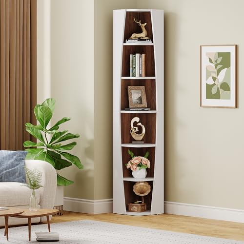 White and Walnut 6-Tier Corner Bookcase G52086
