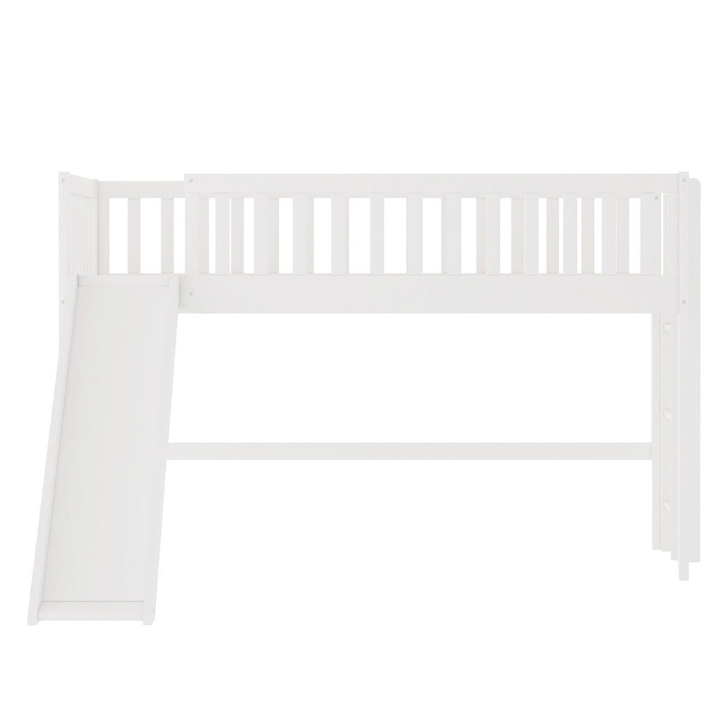 White Wooden Low Loft Bed with Slide and Ladder B199