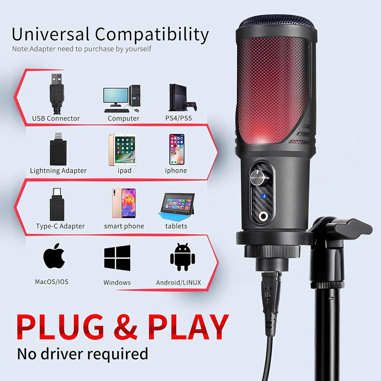 Red LED USB Condenser Microphone, Cardioid, Pack of 2 M974896