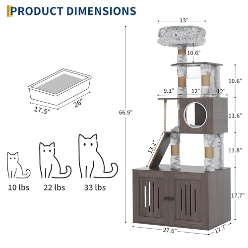 66.9-Inch Grey Cat Tree with Litter Box Enclosure O836