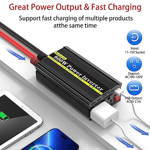 800 Watt DC 12v to 110v AC Car Power Inverter with 2 AC Outlets and 2.4A USB Ports X97852