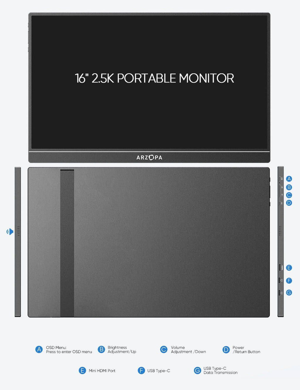 2.5K 16" 2560x1600 HDR IPS Portable Monitor D1940