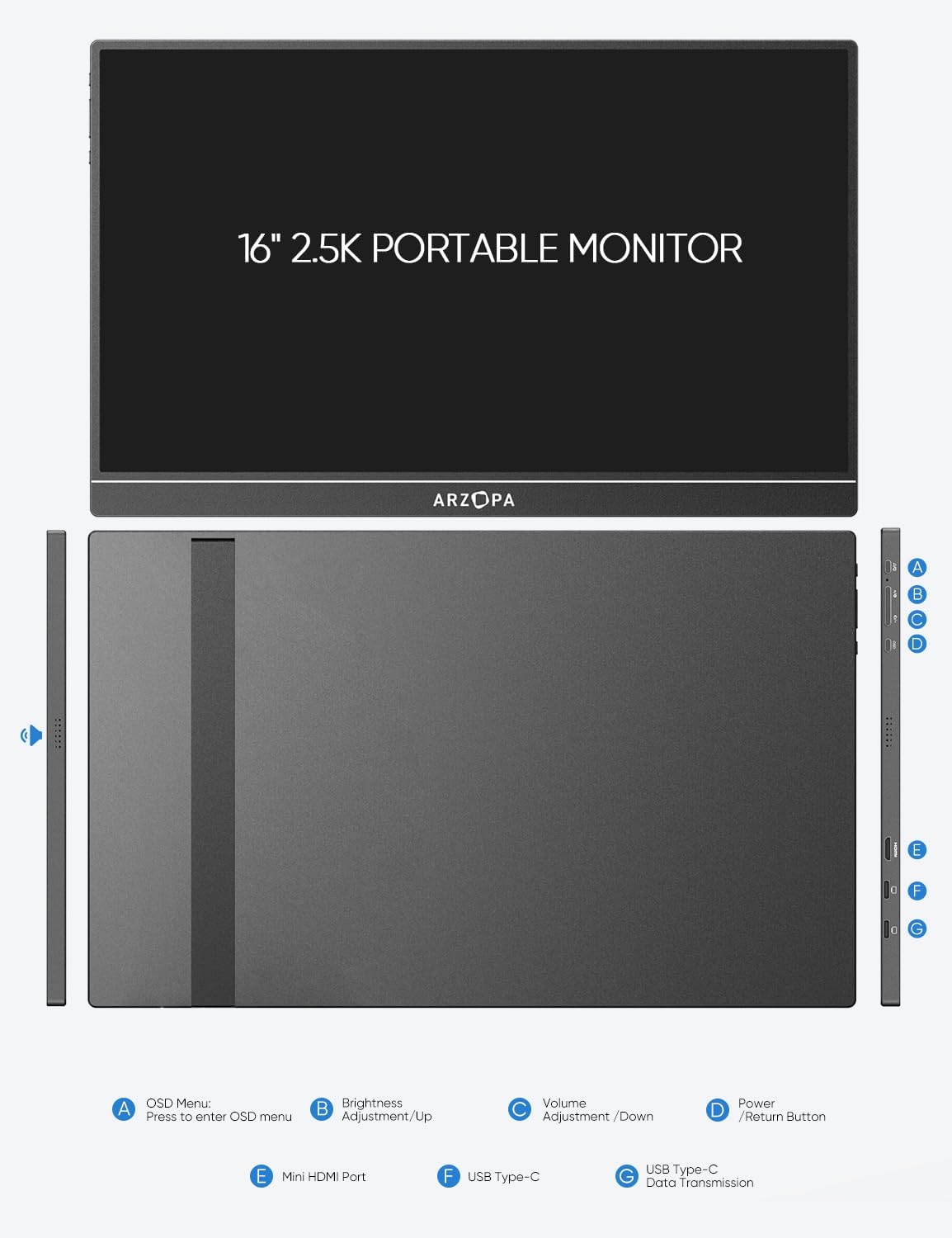 2.5K 16" 2560x1600 HDR IPS Portable Monitor D1940