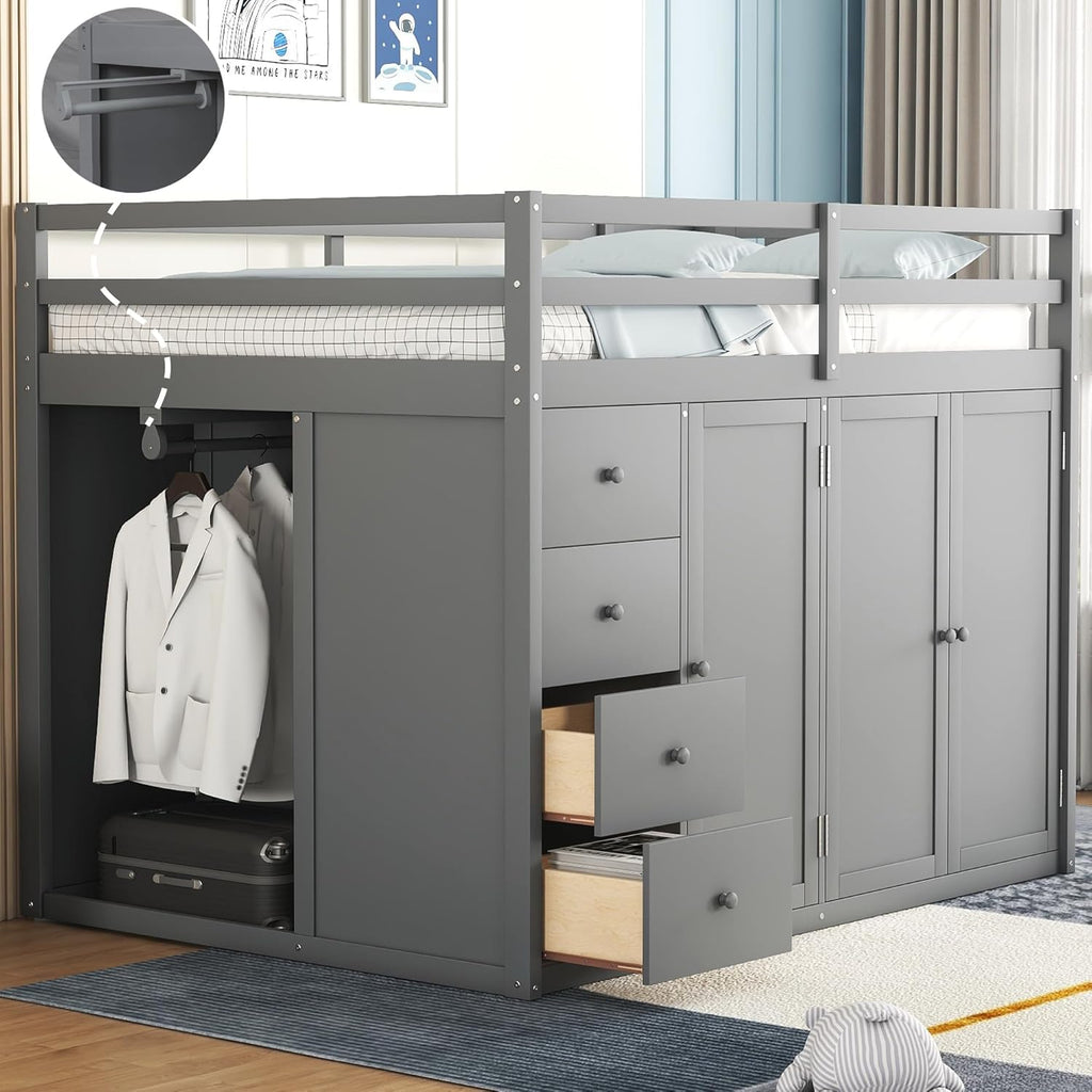 Gray Wooden Loft Bed with Storage Space G307