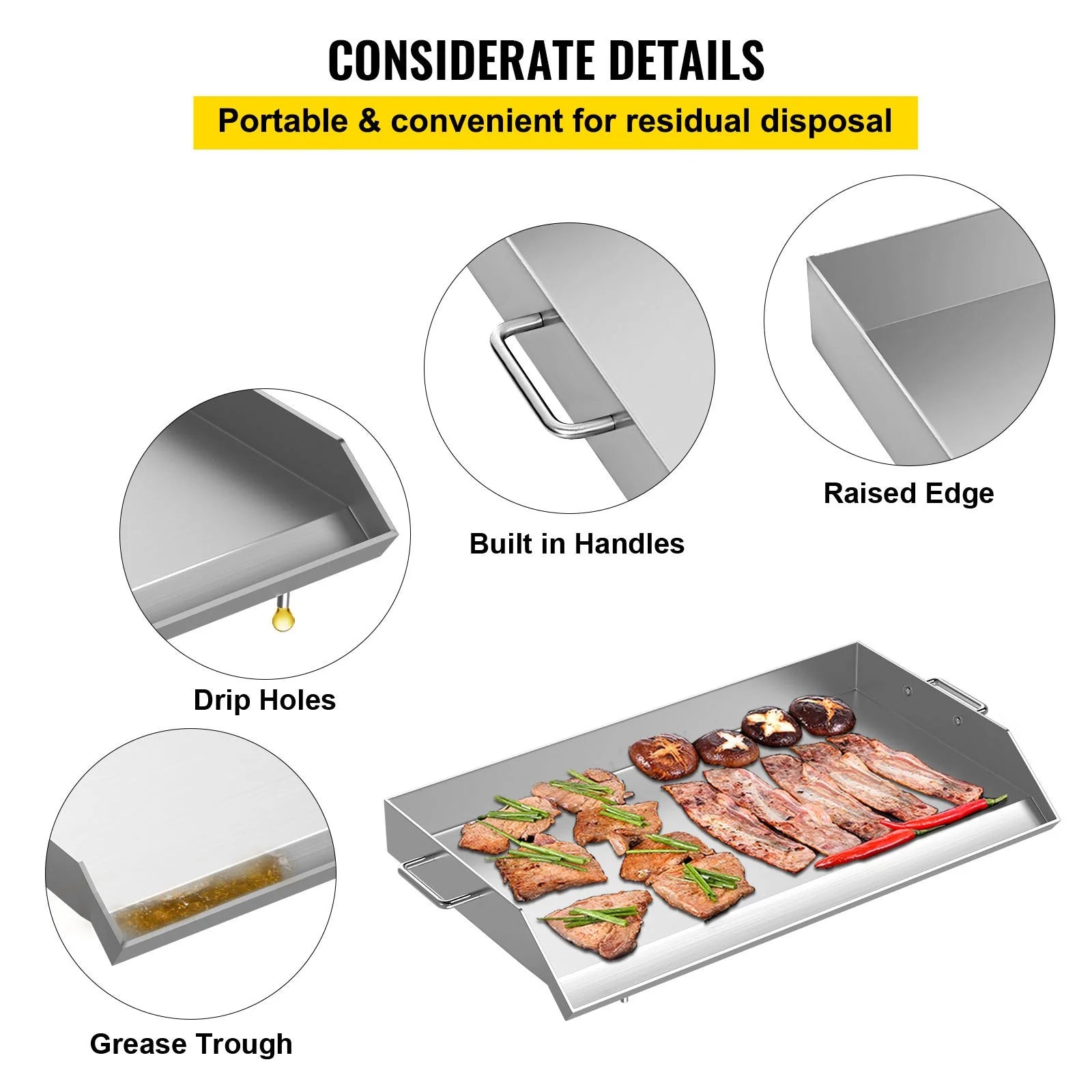 Stainless Steel Griddle Flat Top BBQ Plate with Handles and Grease Groove O67545