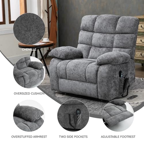 Oversized Grey Electric Power Lift Recliner Chair with Heat & Massage E5135