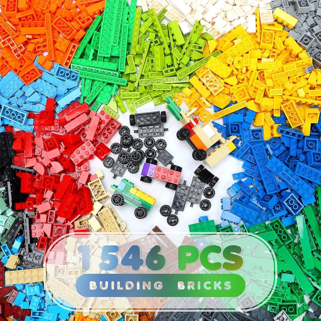 1546 Pieces Basic Building Blocks with Wheels and 8 Pack of Blue Baseplate T1450