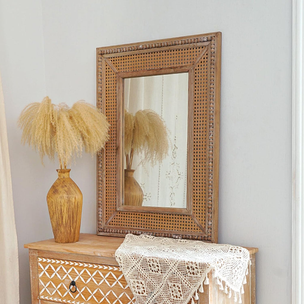 Boho Rattan Wall Mirror Wooden Framed Rectangle Mirror 24.21" x 1.18" x 32.28" N6858