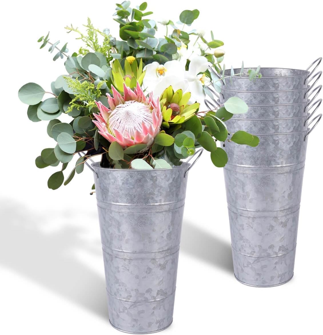 6 Pcs Galvanized Metal Vases with Handles (Silver) N178