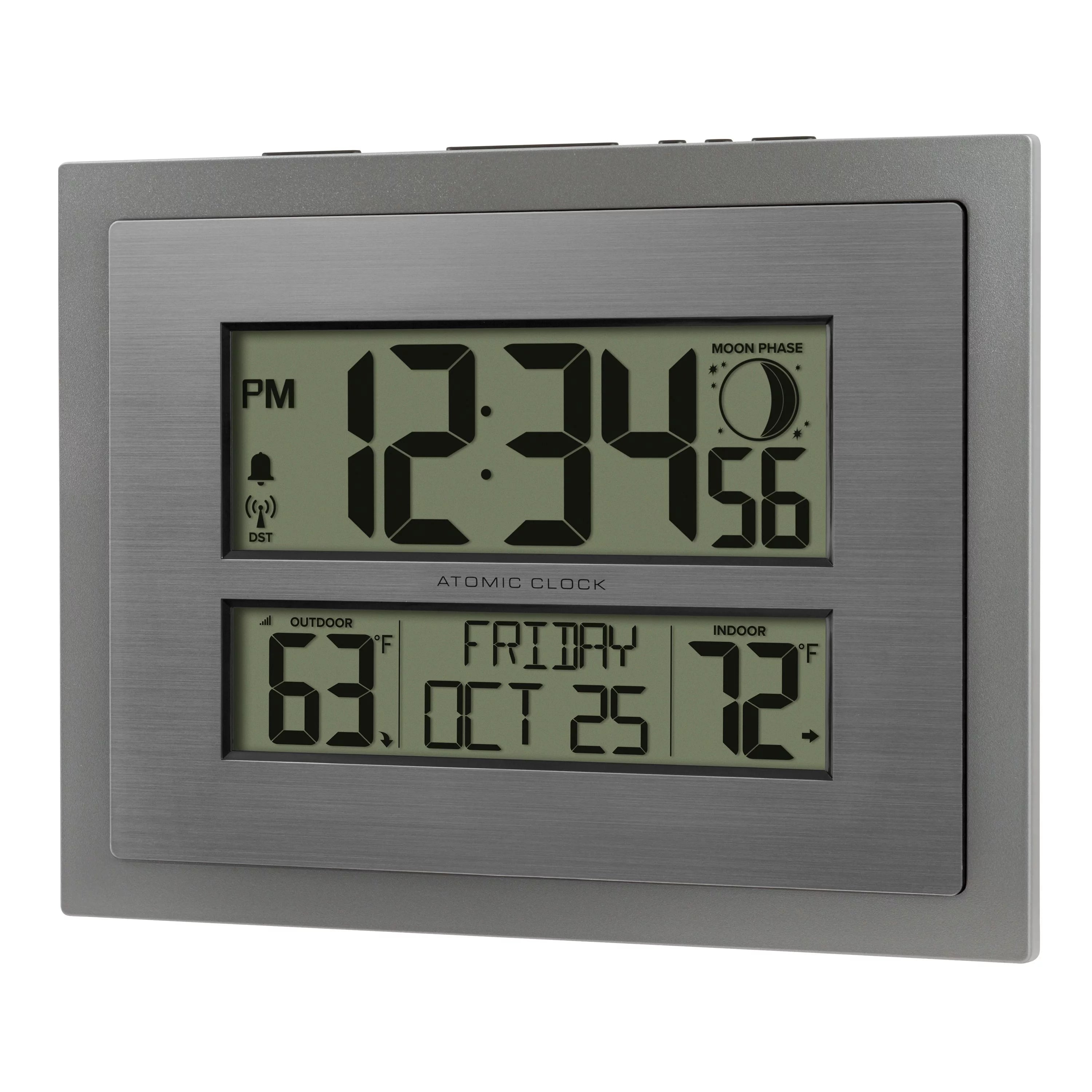 Silver Atomic Wall Clock with Moon Phase and Calendar H9959