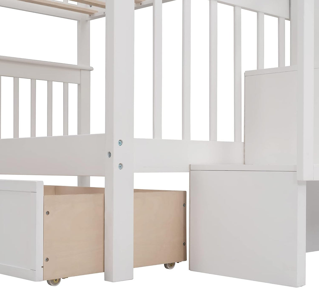 White Full Over Full Wooden Bunk Bed with Stairs and Storage Drawers L13742