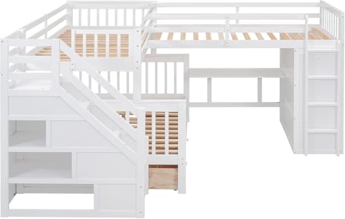Twin-Twin Over Full Triple Bunk Bed with Storage Stairs, Wardrobe and Desk, Solid Wood L-Shaped 3 Bunk Bed with Ladder, Shelves, Headboard, Guardrail (Grey) H7213