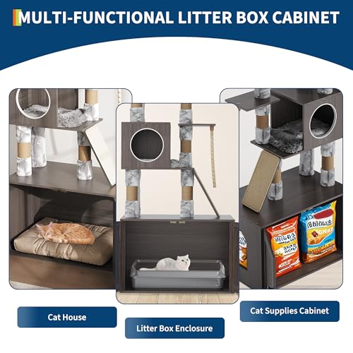 66.9-Inch Grey Cat Tree with Litter Box Enclosure O836