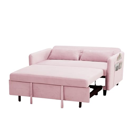Pink Velvet Sleeper Sofa Couch Bed with Two Pillows Q18078