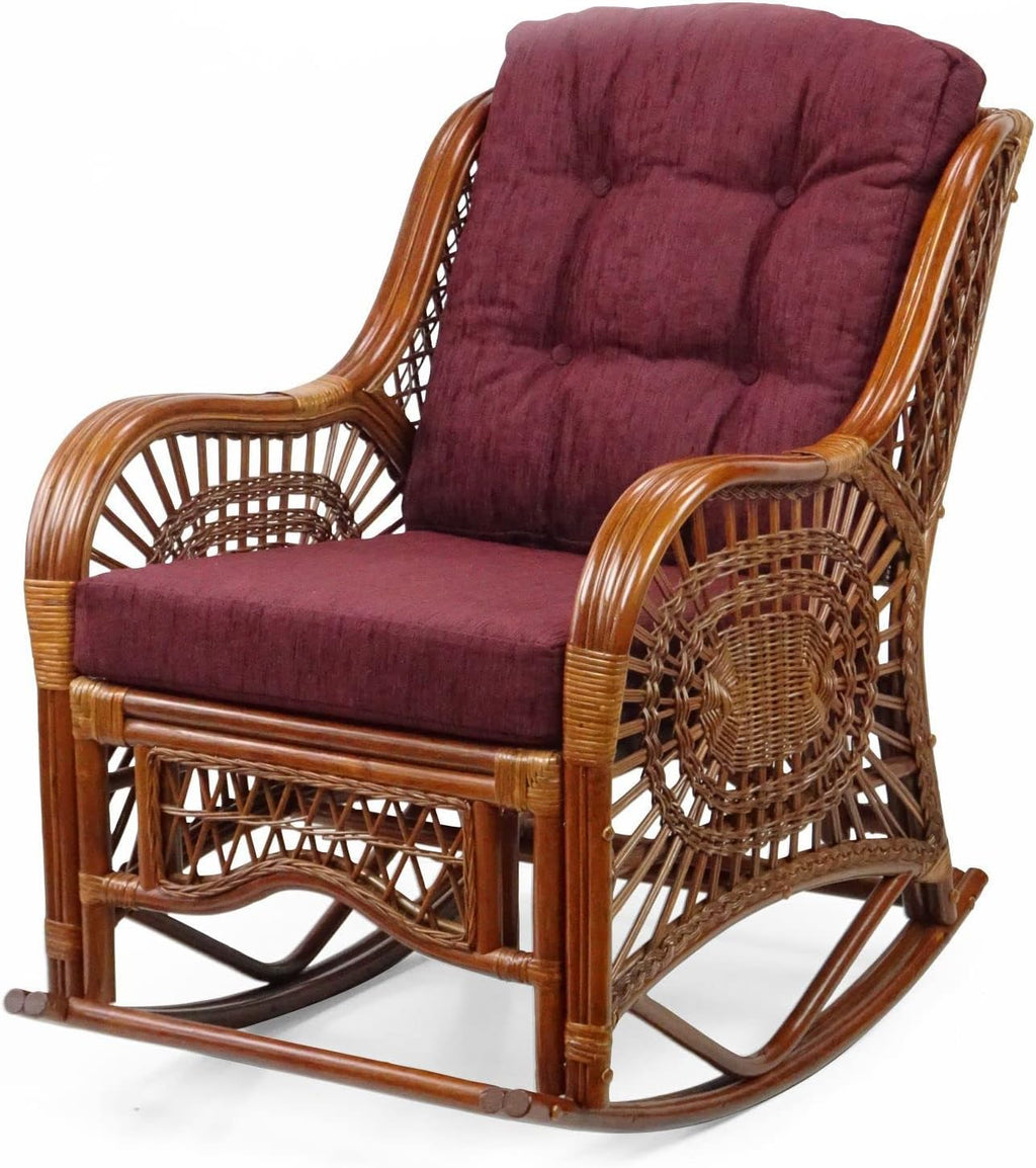 Natural Rattan Set of 2 Rocking Lounge Chairs with Dark Brown Cushions and Round Coffee Table with Glass V87549