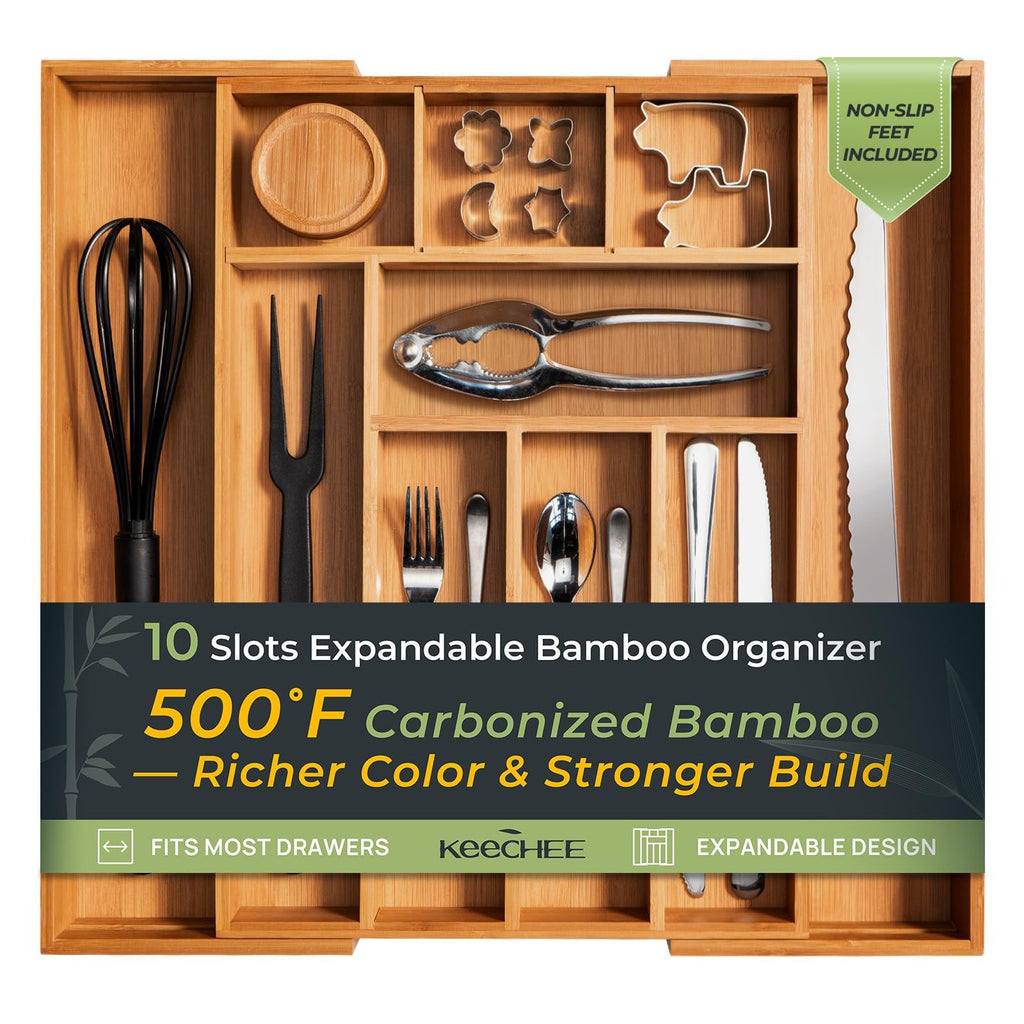 Bamboo Drawer Organizer, 10 Compartment Cutlery Tray, 2.2 Inch Deep V2791