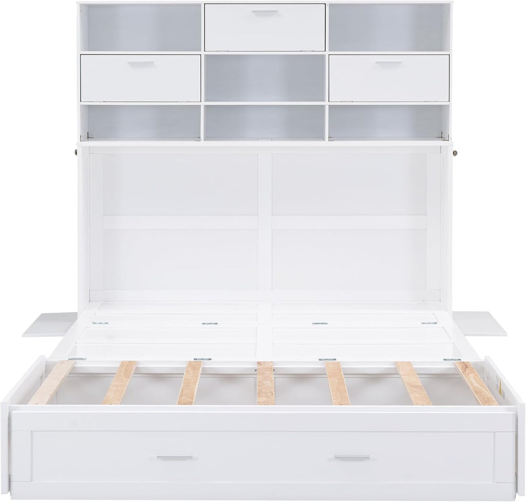 White Queen Murphy Bed Cabinet with Bookcase and Drawer G830