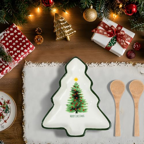 2 Pcs Christmas Dinner Platter Ceramic Serving Dishes with Wooden Spoon Serving Platters Bowl P7162