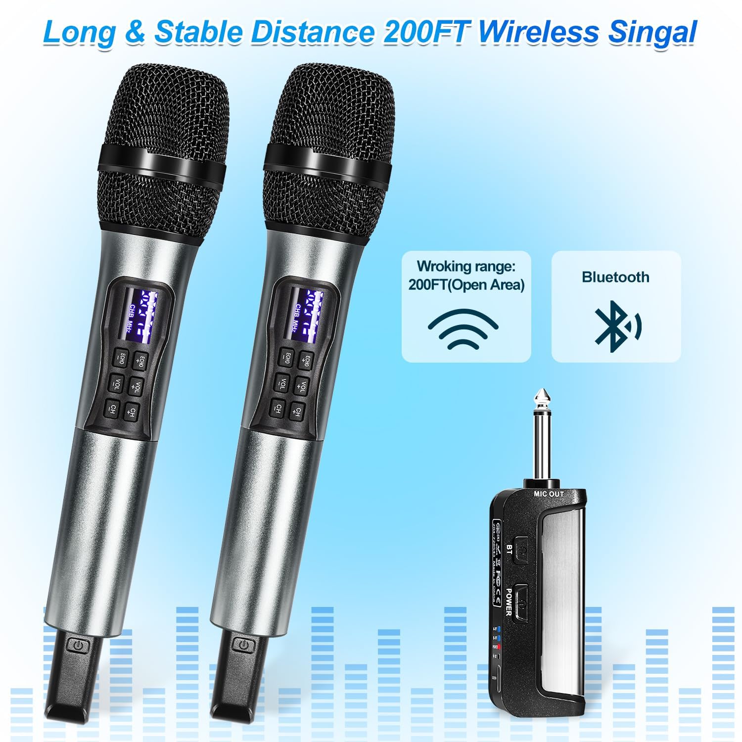 Wireless Handheld Dynamic Cordless Microphone with Rechargeable Bluetooth Receiver, UHF 200 FT Range, 6.5mm/3.5mm Output O430