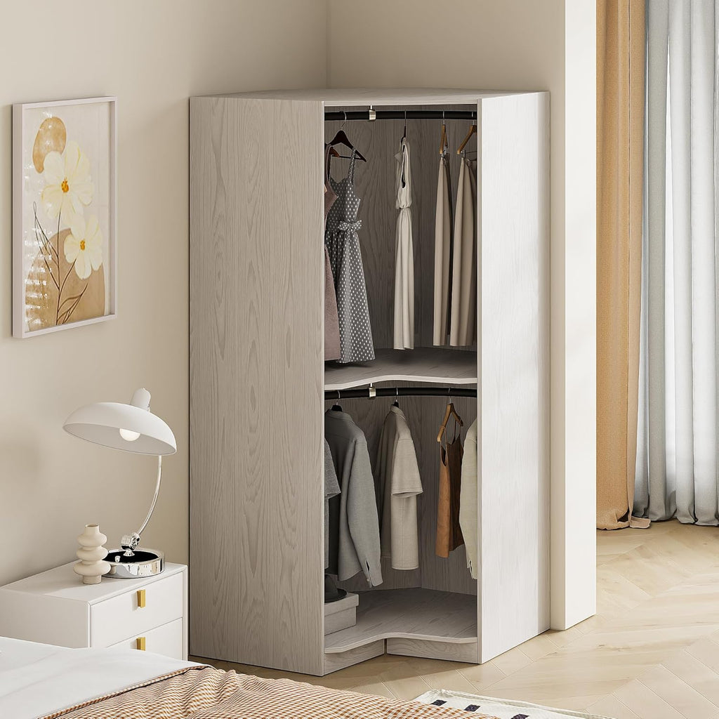 Natural Open Style Wooden Corner Wardrobe Closet with 2 Hanging Rails and Shelves J754274