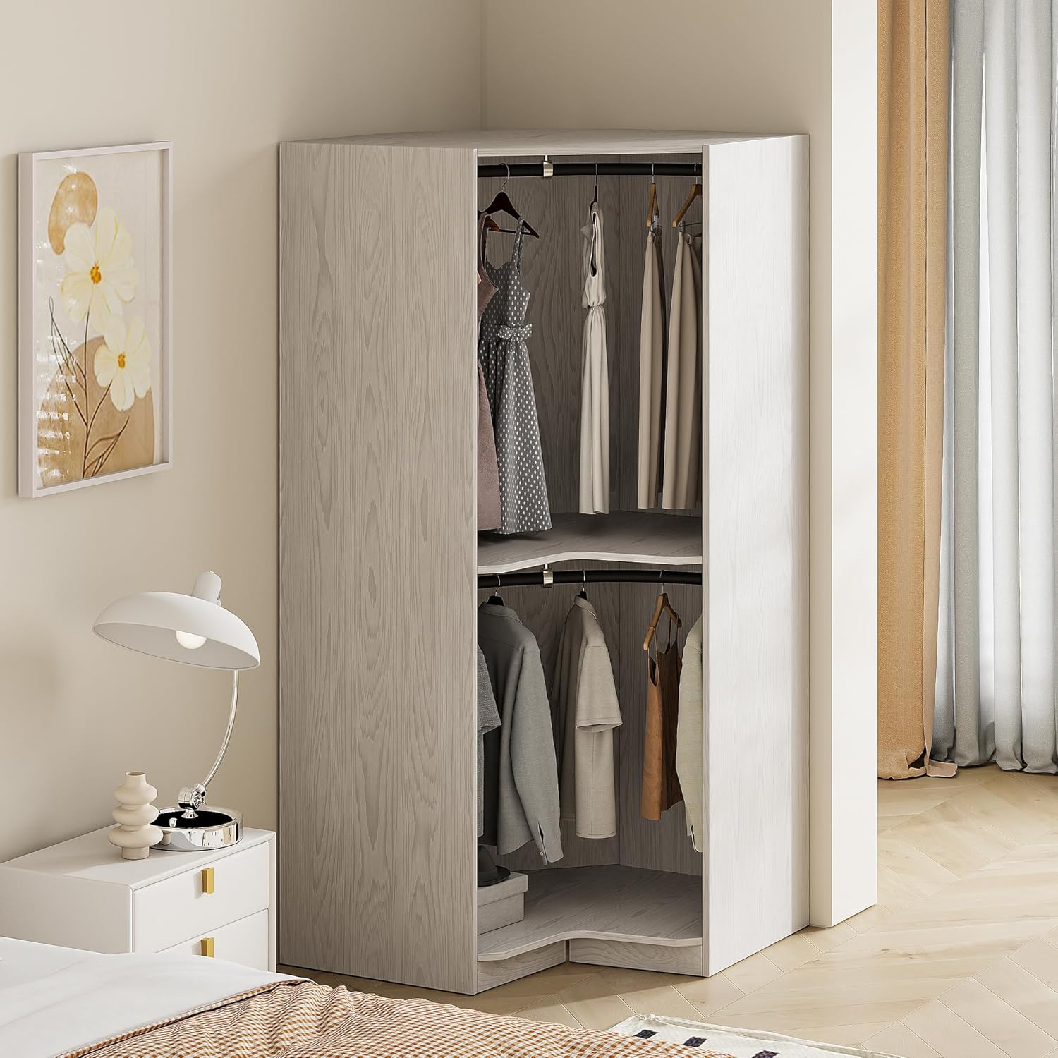 Natural Open Style Wooden Corner Wardrobe Closet with 2 Hanging Rails and Shelves J754274