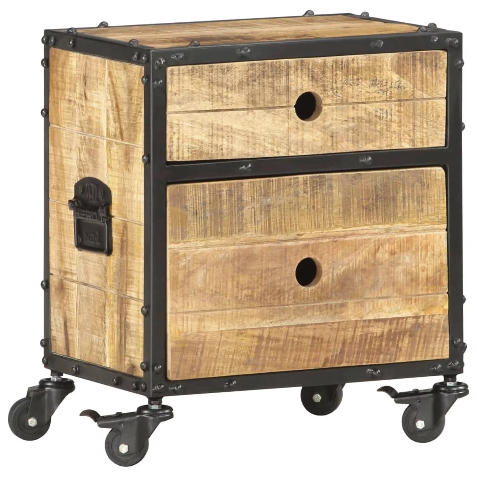 Bedside Cabinet with 2 Storage Drawer and Wheels Rough Mango Wood 15.7 x 11.8 x 19.7 Inches Z5992
