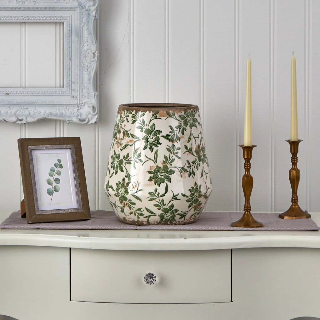 11.5" x 11.5" x 12" Green Ceramic Planter T5179